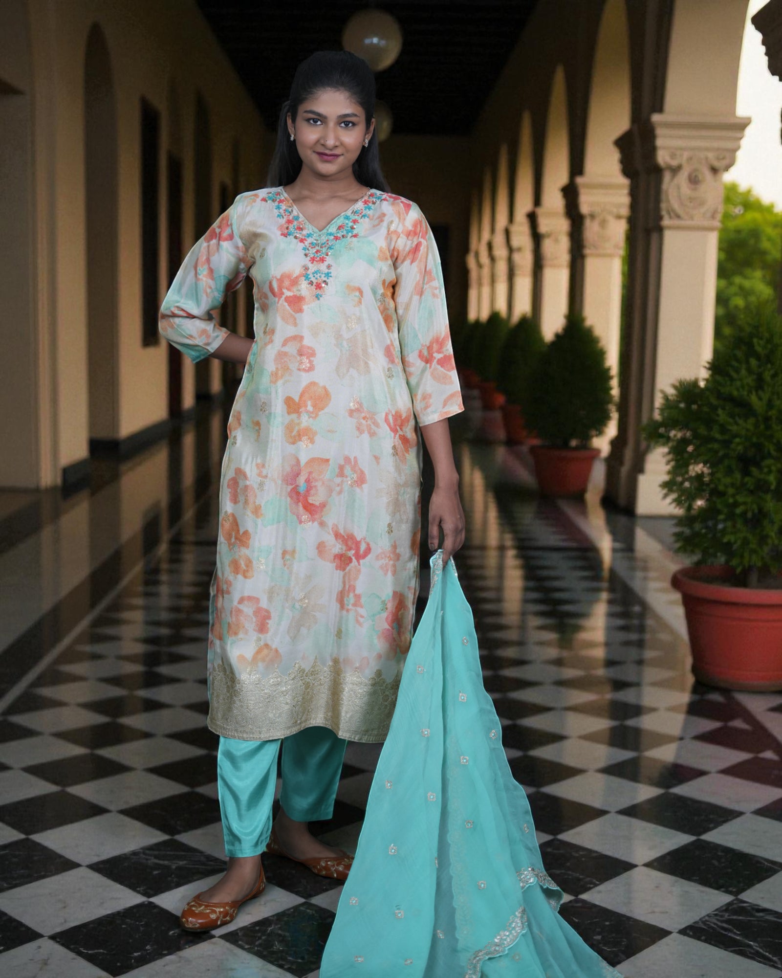 Floral Cotton Embroidered Kurta Set