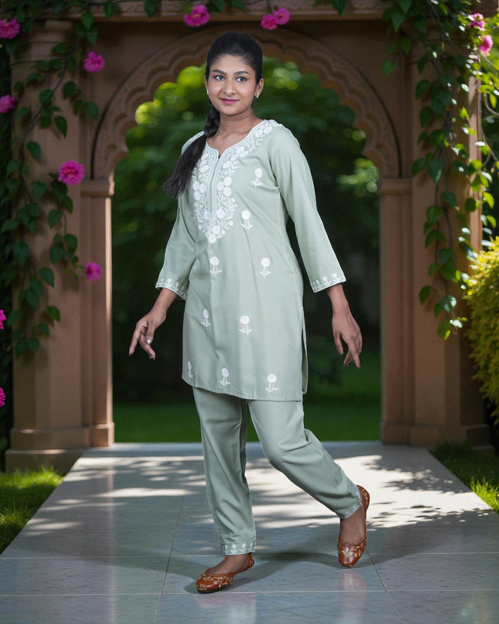 Floral Embroidered Rayon Ankle Pants