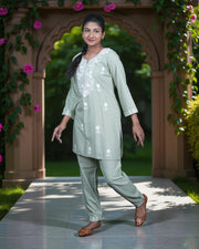 Floral Embroidered Rayon Ankle Pants
