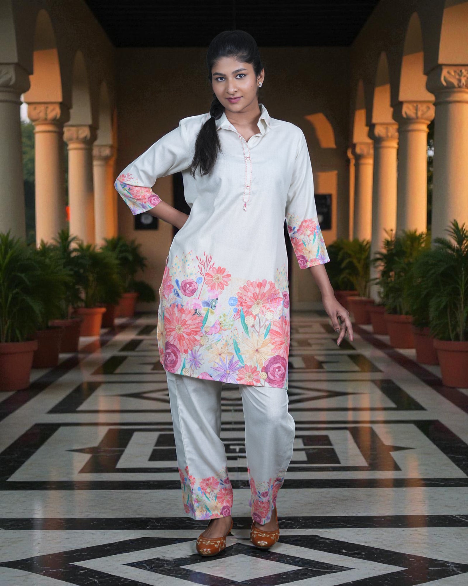 Floral Printed Soft Kadhi Cotton Co-Ord Set