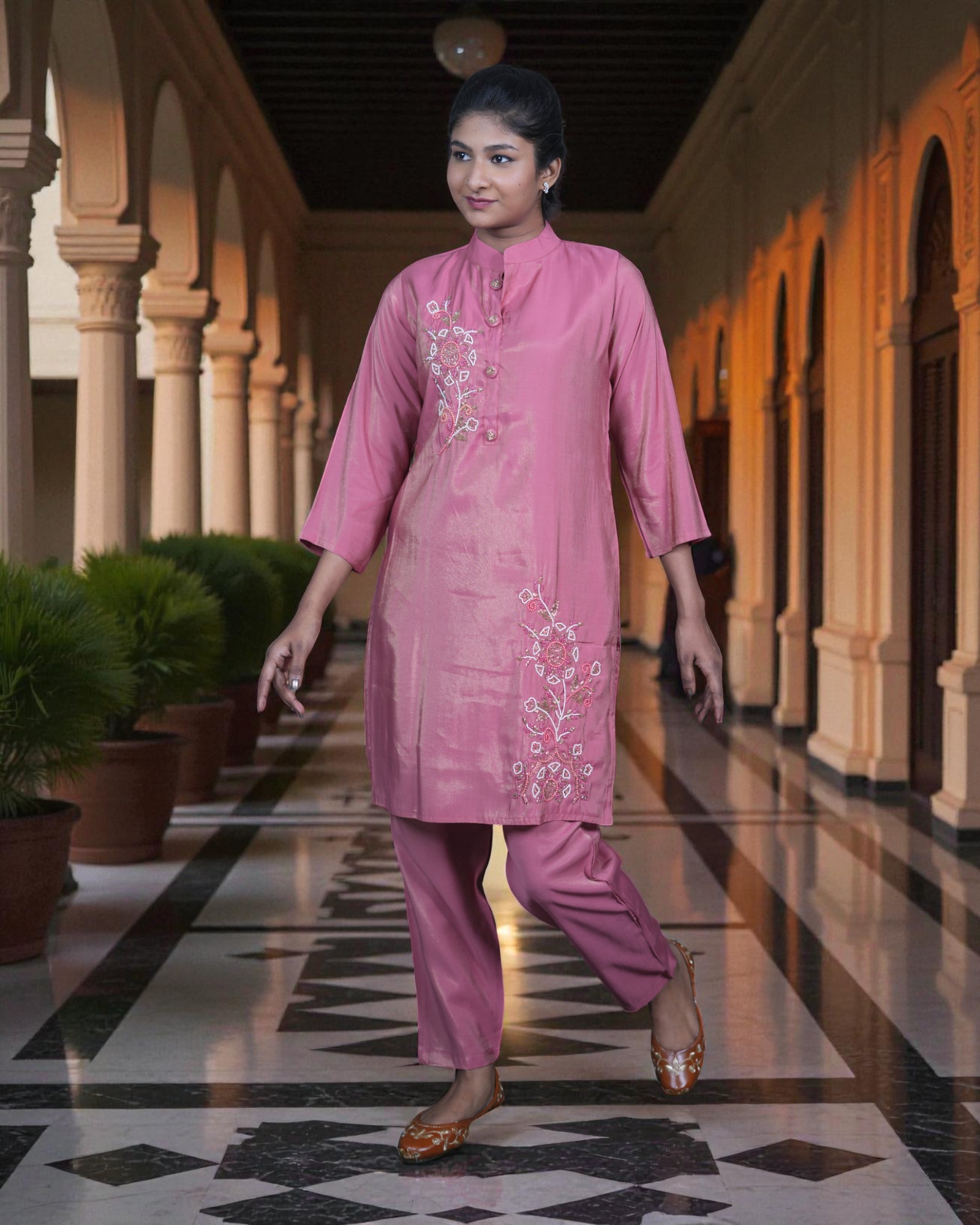 Silk Zardozi Embroidered Chinese Collar Co-Ord Set