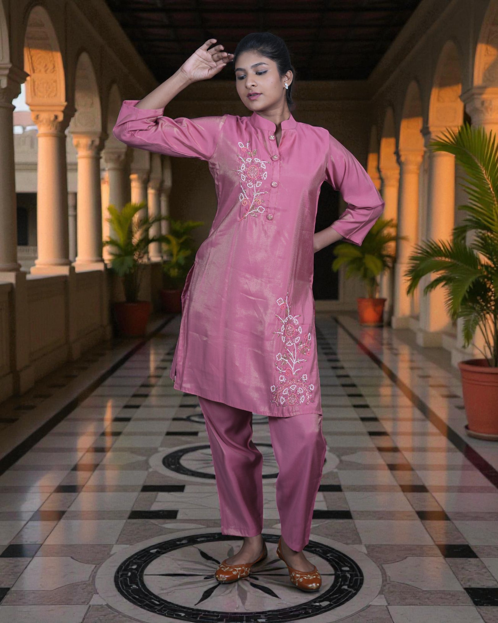 Silk Zardozi Embroidered Chinese Collar Co-Ord Set