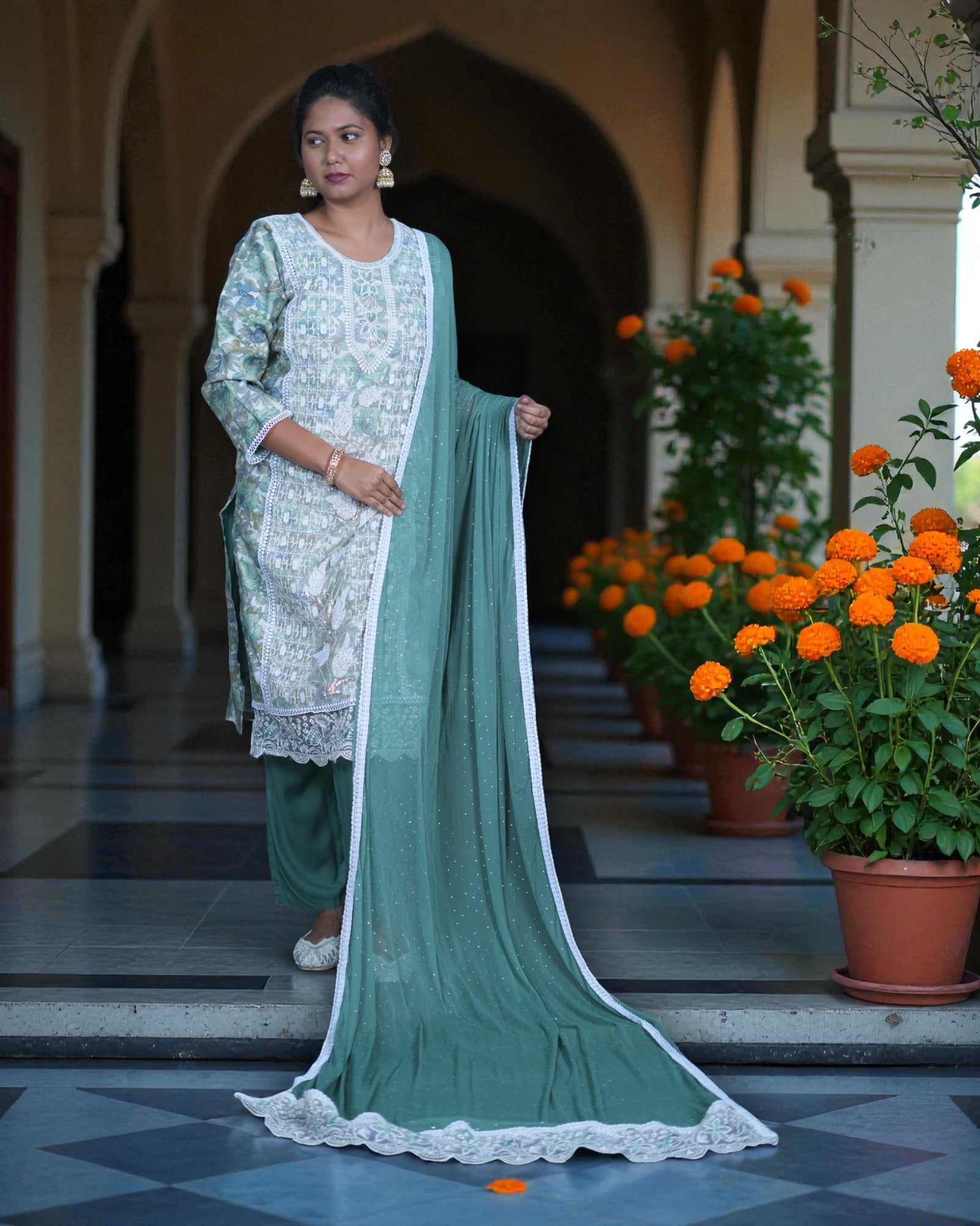 Embroidered Net Lace Dupatta Pakistani Suit