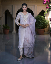 Beige Tissue Beaded Kurta Set