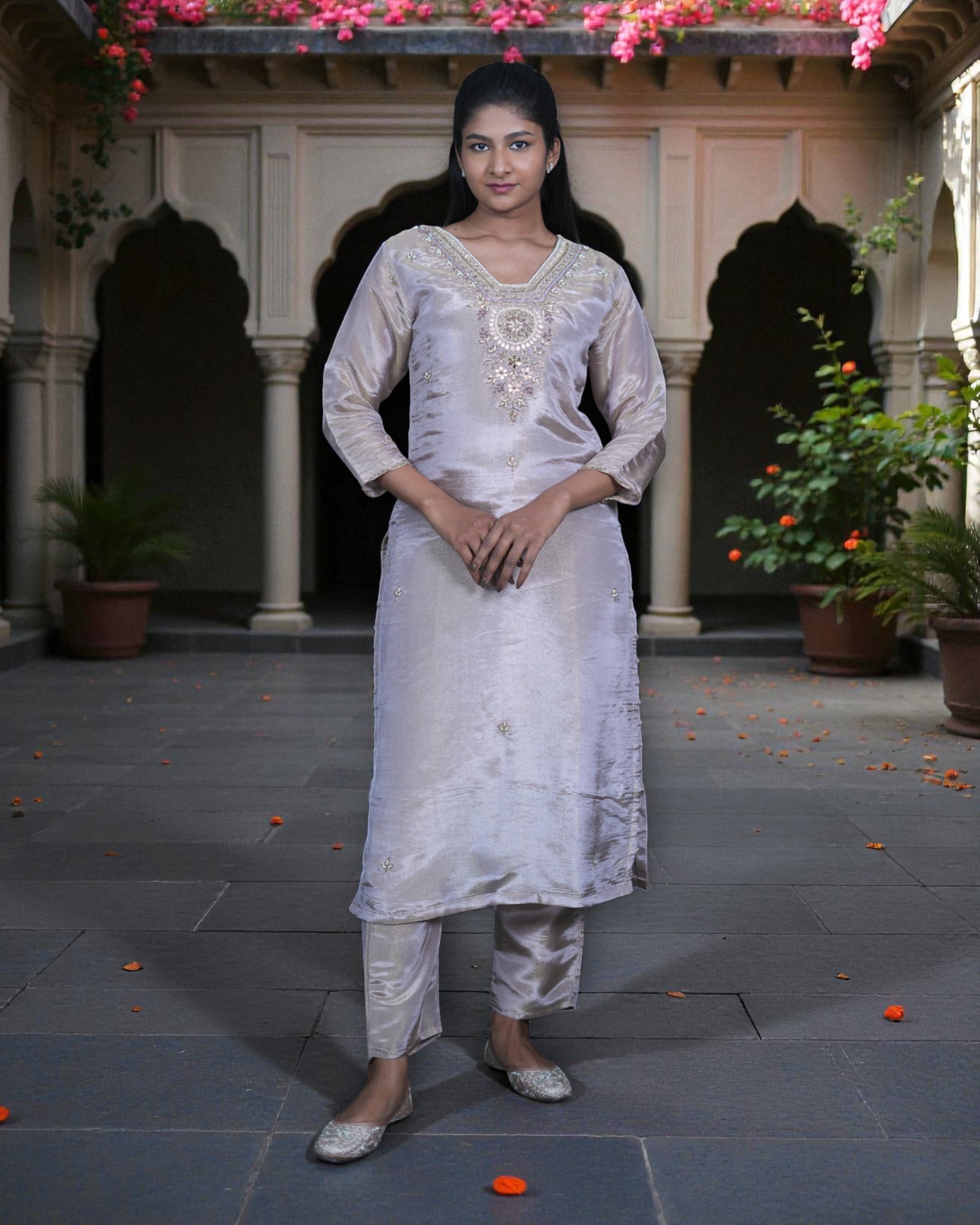Beige Tissue Beaded Kurta Set