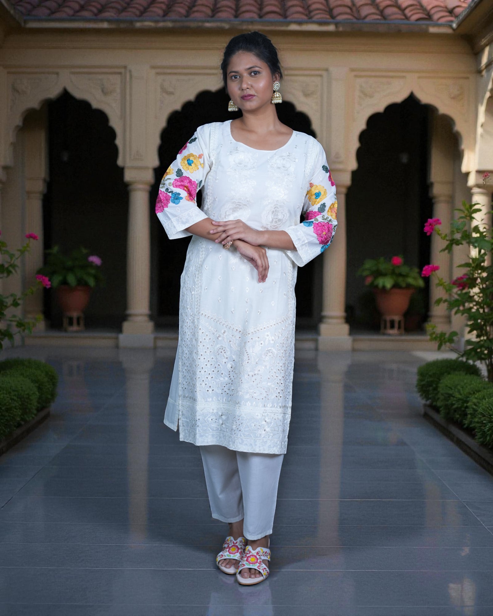 White Cotton Floor Length Bottom Pakistani Suit