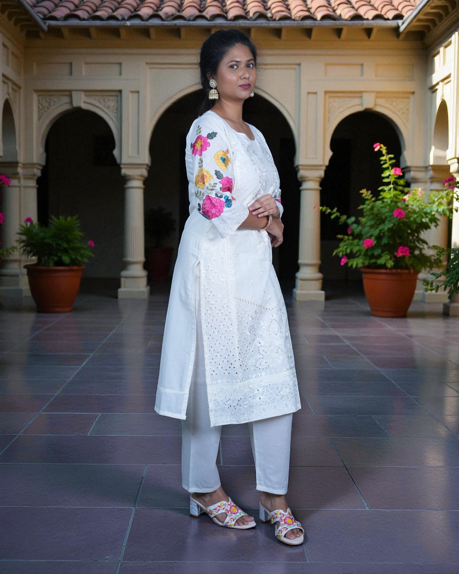 White Cotton Floor Length Bottom Pakistani Suit