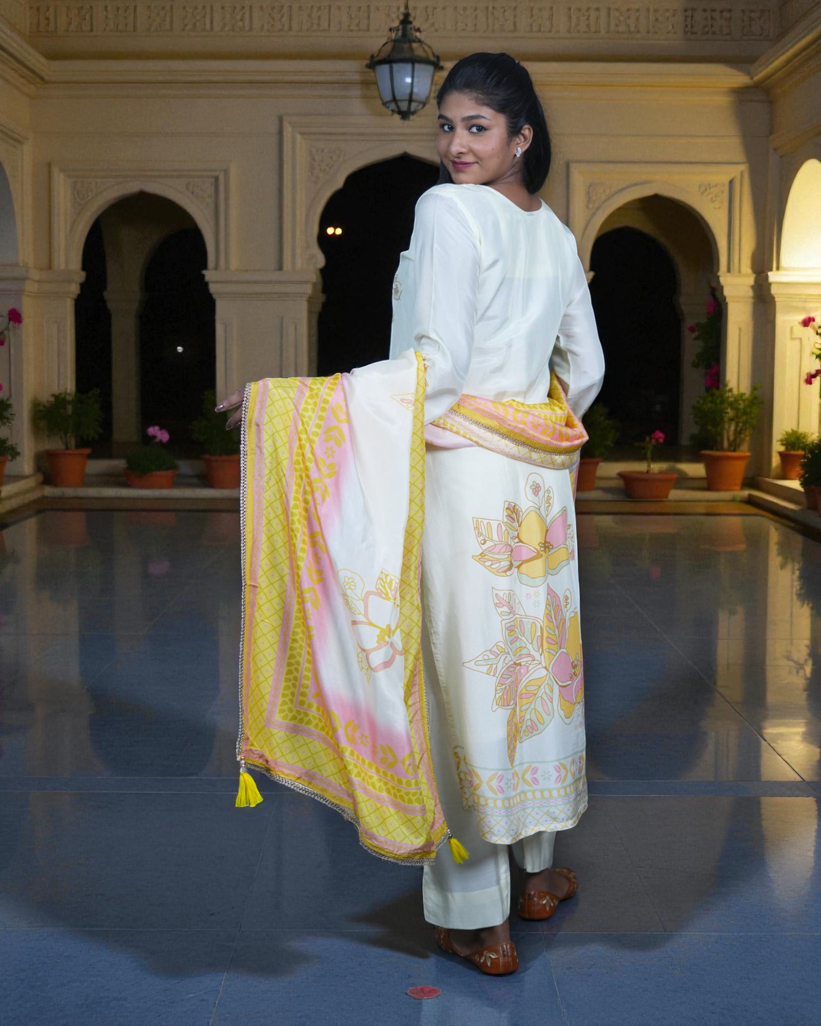 Floral Printed Chinon Silk Kurta Set