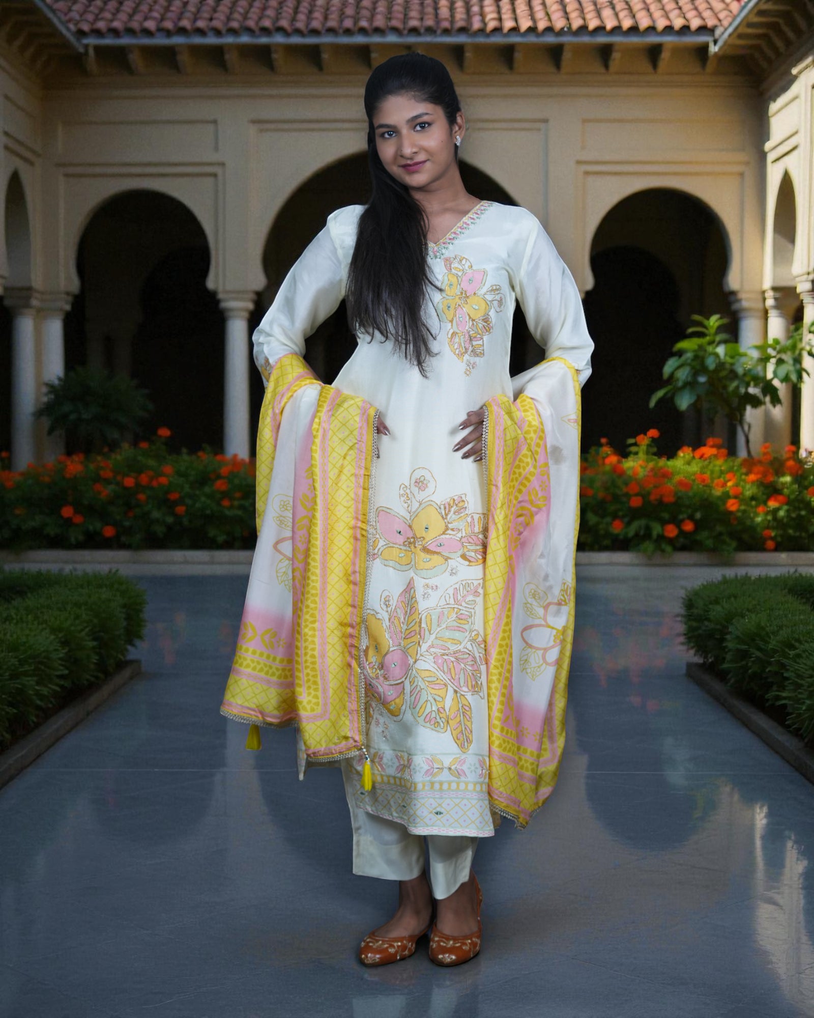Floral Printed Chinon Silk Kurta Set
