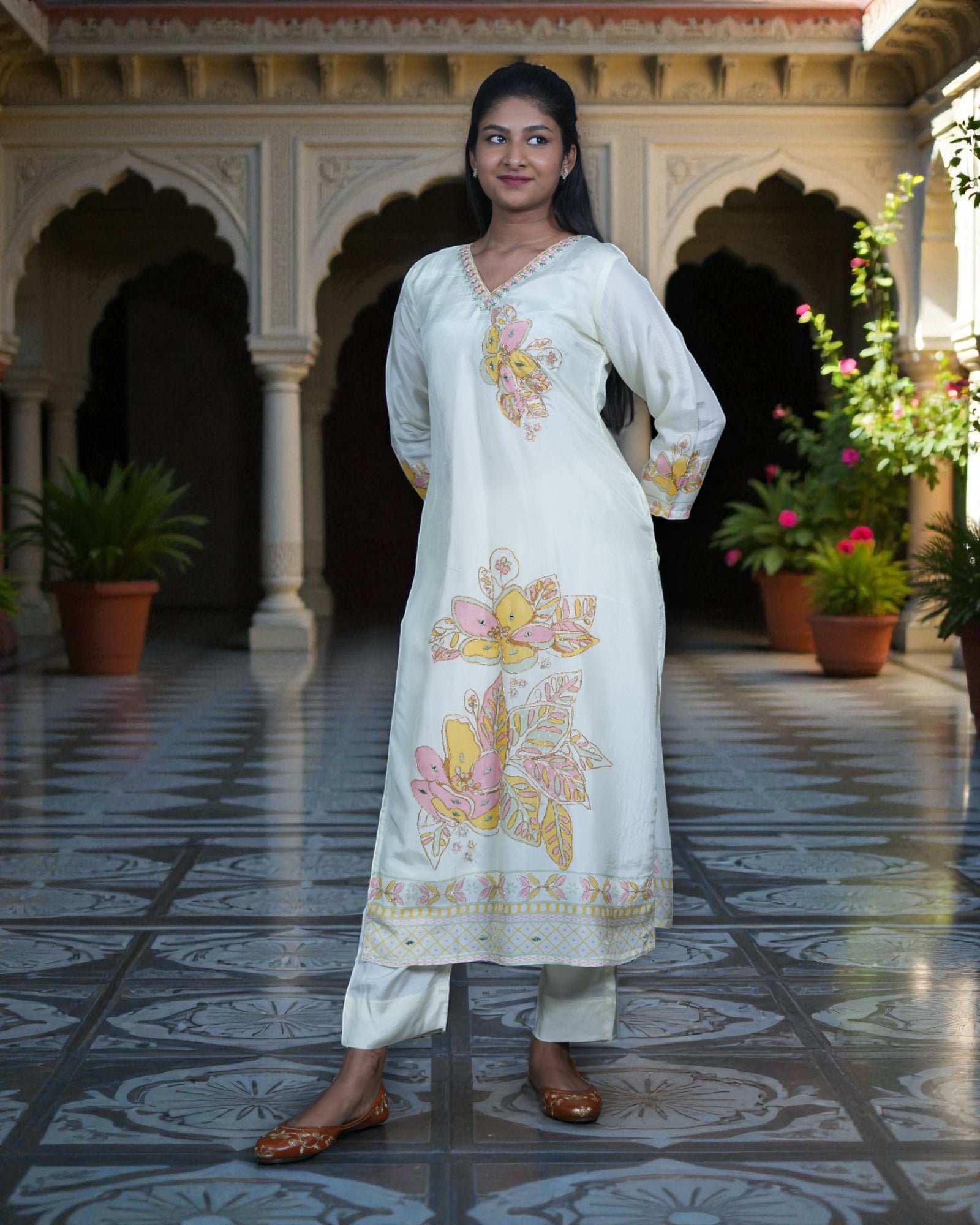 Floral Printed Chinon Silk Kurta Set