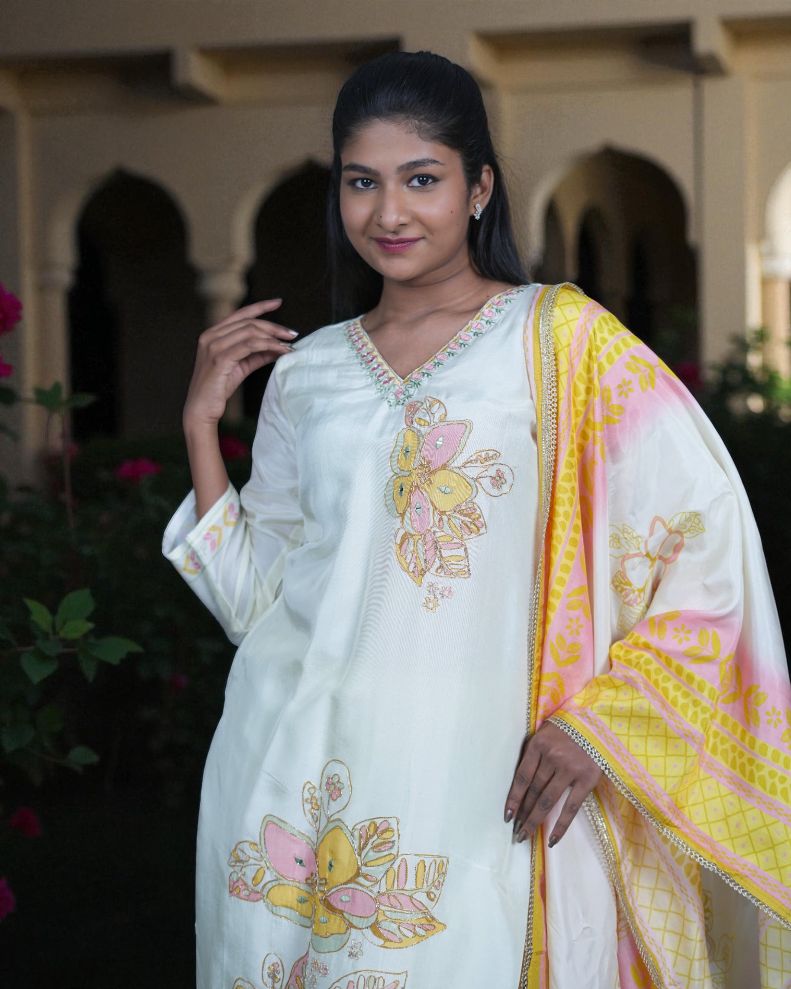 Floral Printed Chinon Silk Kurta Set