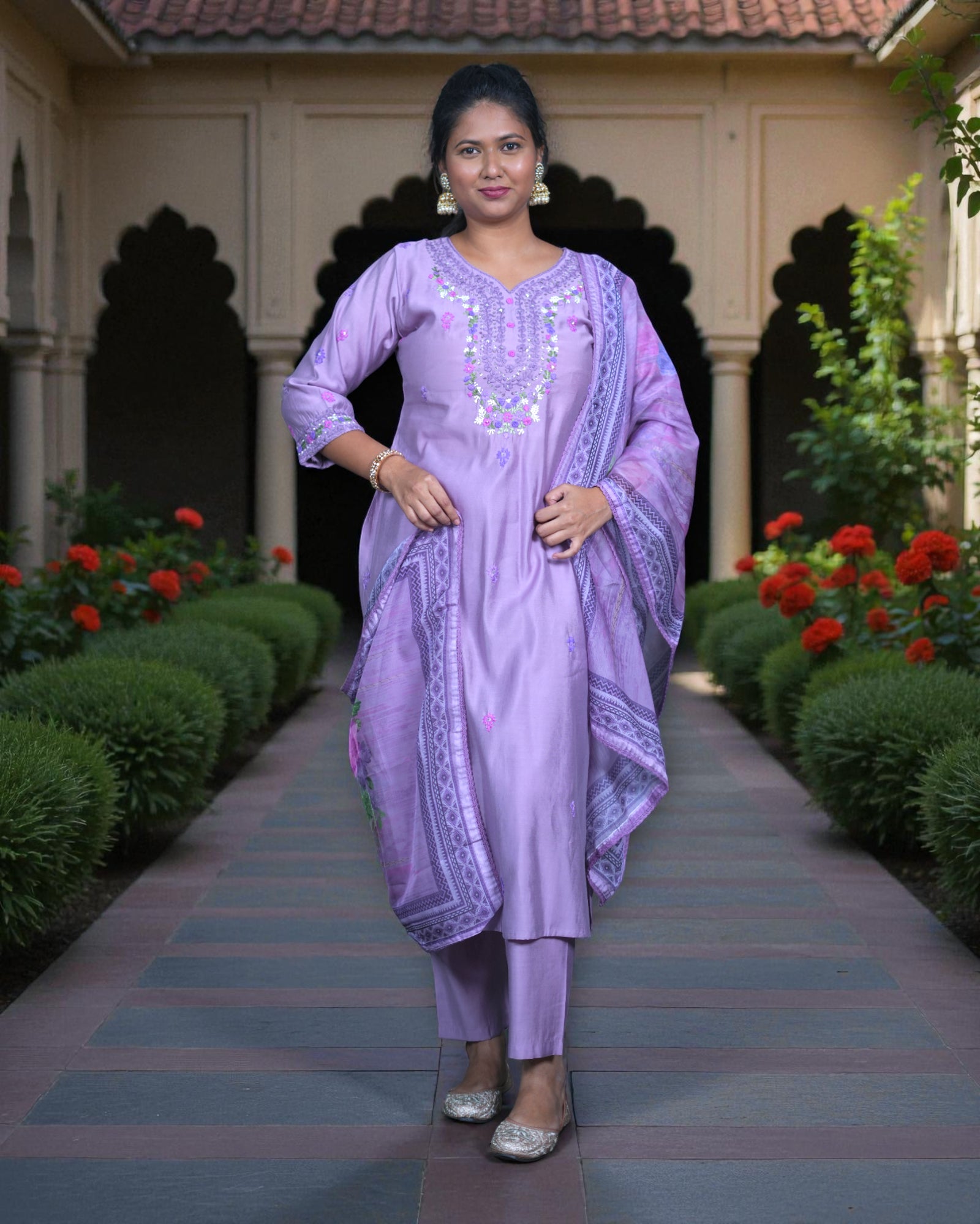 Silk Printed Kurta Set with Organza Dupatta
