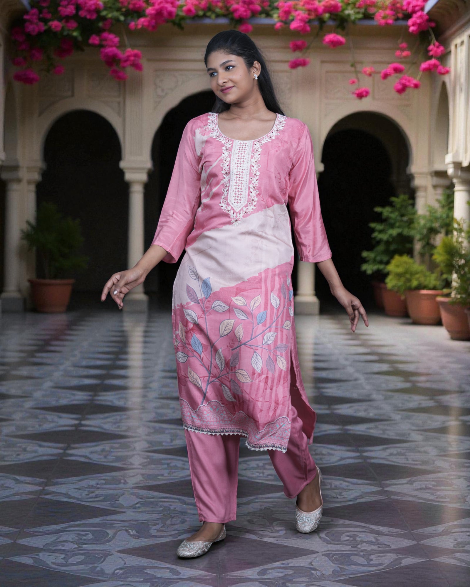 Floral Print Crepe Silk Kurta Set