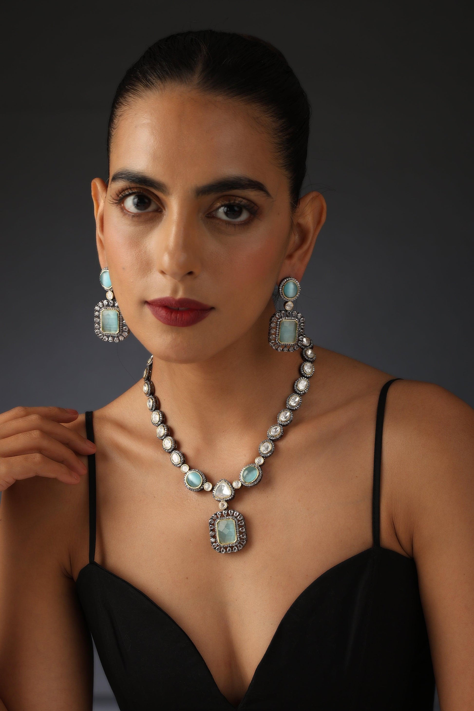 Mint Silver Polki Necklace Set - Dyulokha