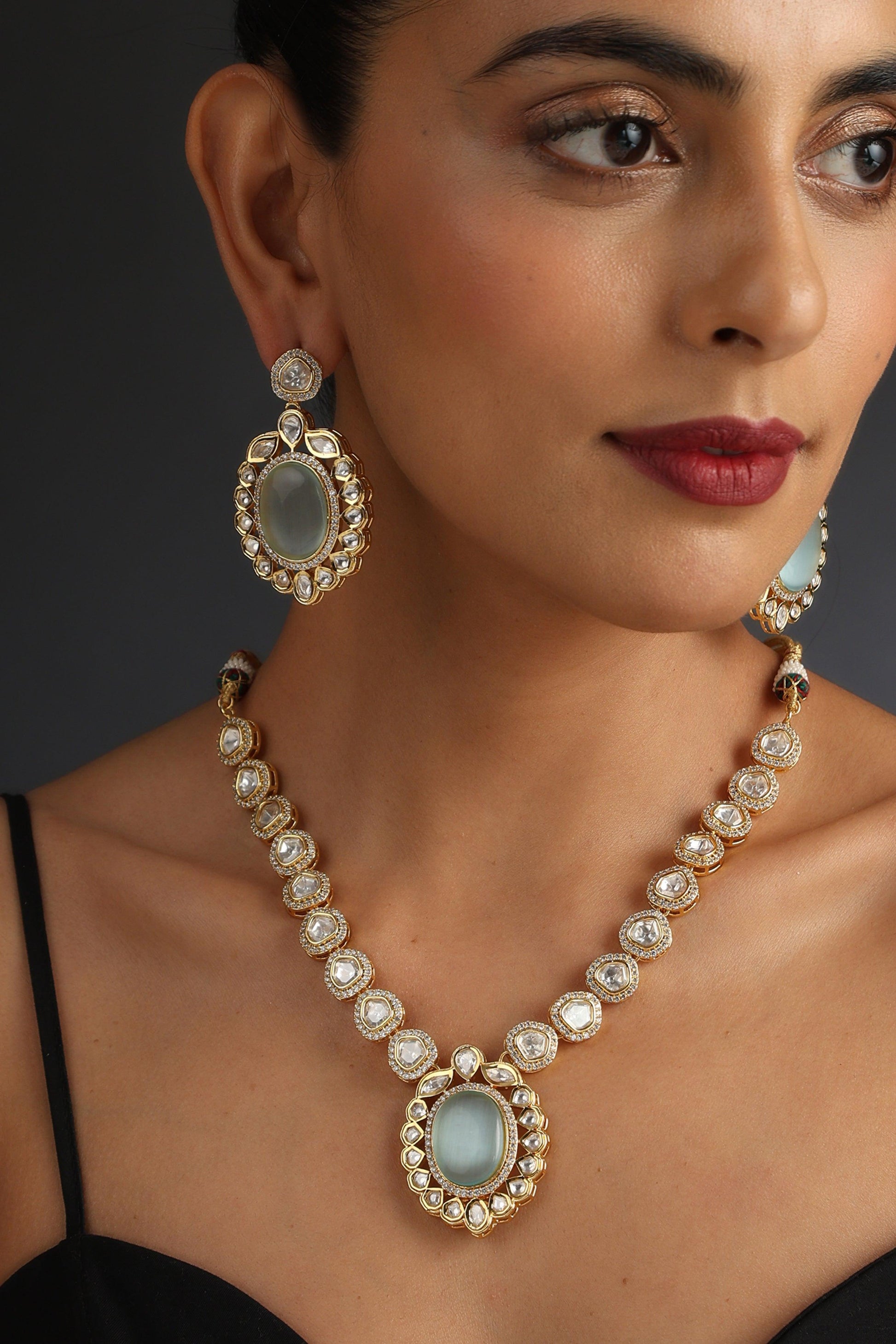 Minty Glamour Polki Necklace Set - Dyulokha