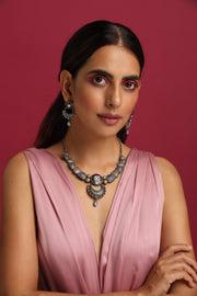 Amethyst Aura Rhodium Necklace Ensemble - Dyulokha
