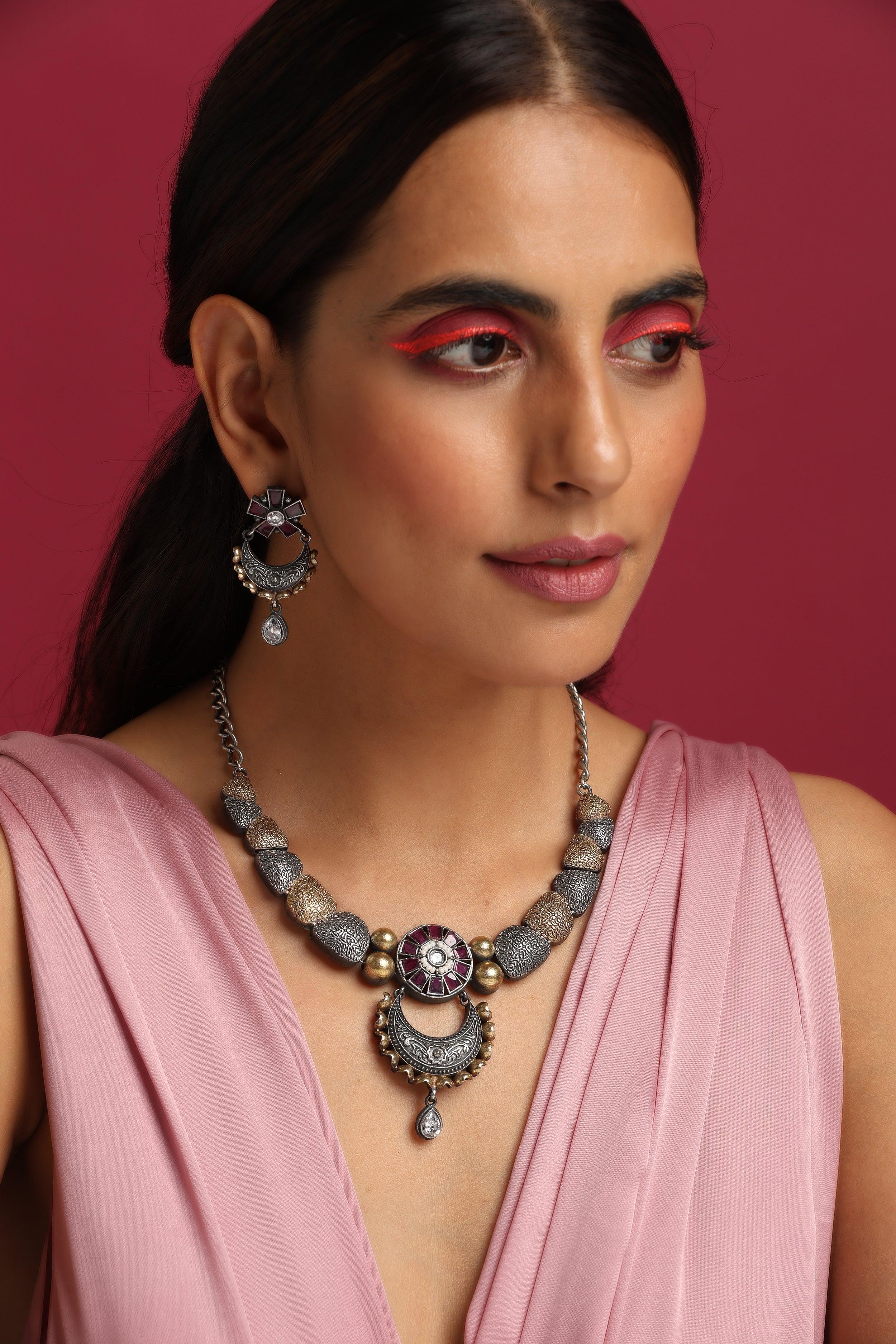 Amethyst Aura Rhodium Necklace Ensemble - Dyulokha
