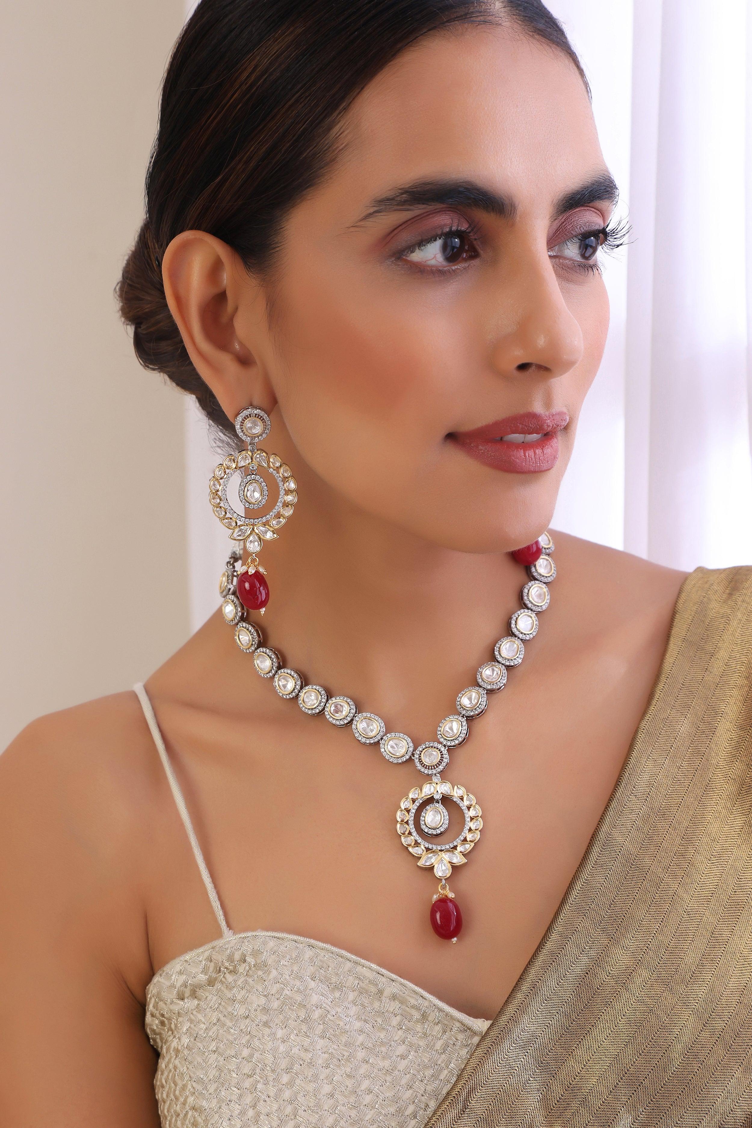Ruby Radiance Silver Tone Polki Necklace Set - Dyulokha