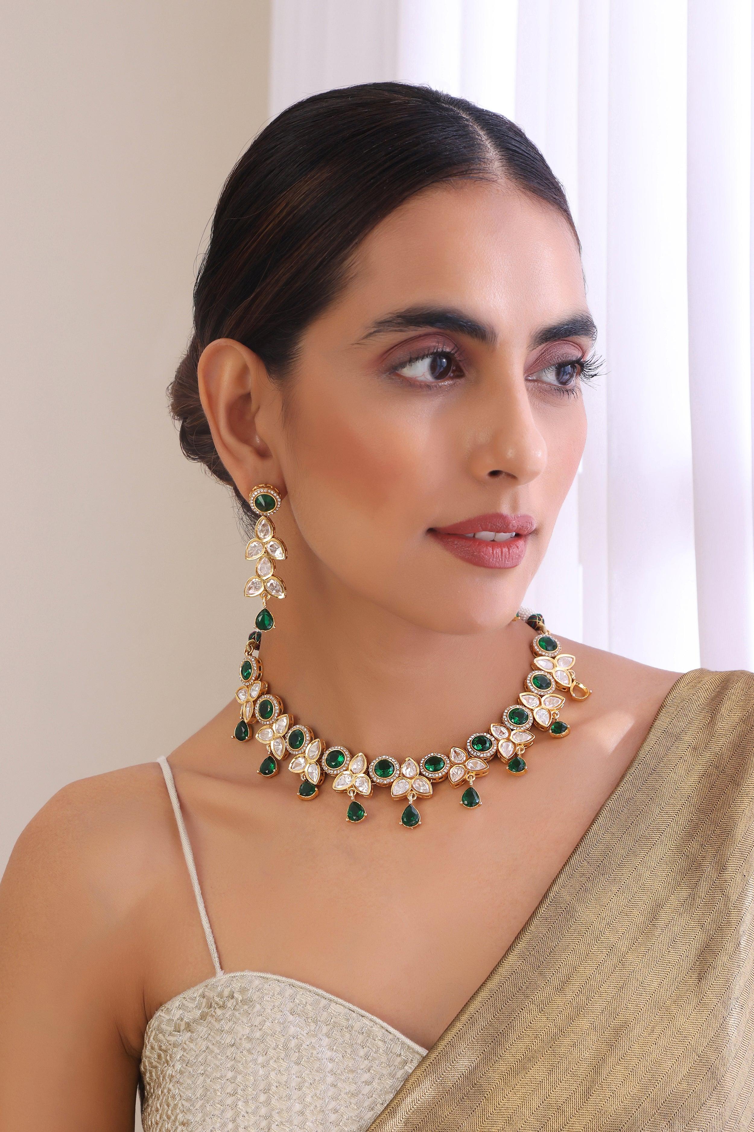 Verdant Elegance Emerald Polki Necklace Set - Dyulokha