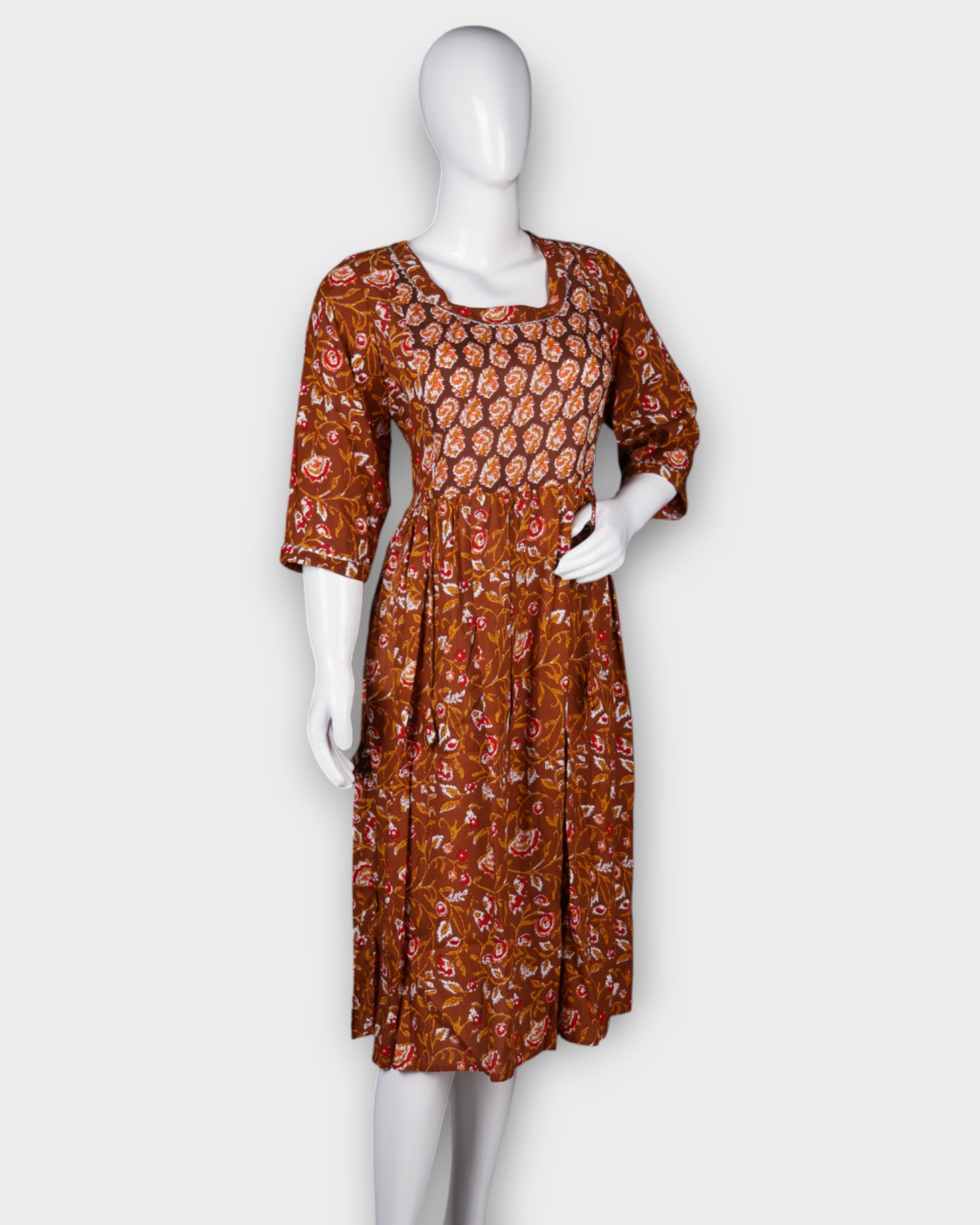 Brown Floral Cotton Ethnic Gown