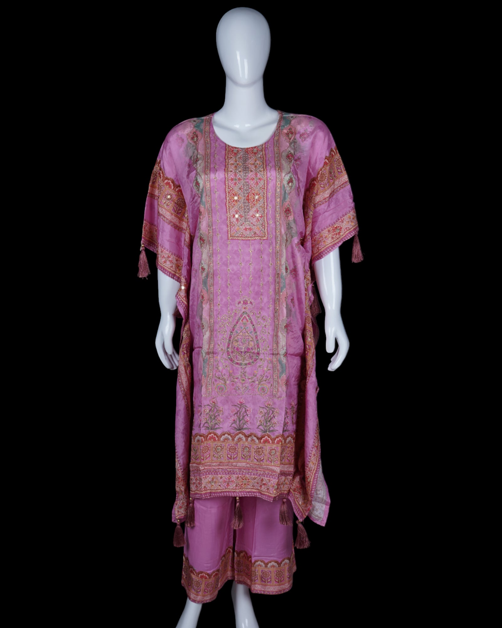 Embroidered Silk Kaftan With Floral Palazzo Set