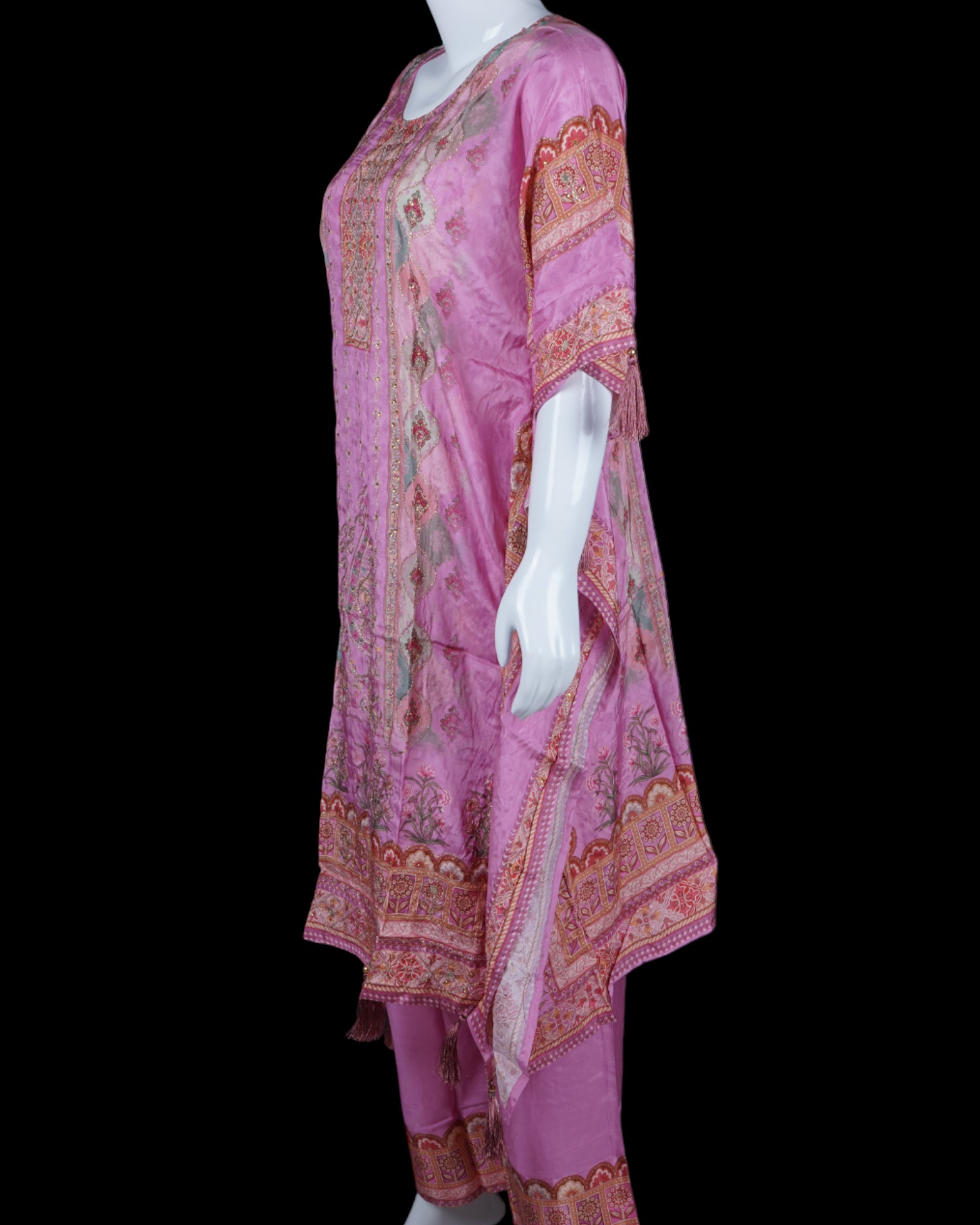 Embroidered Silk Kaftan With Floral Palazzo Set