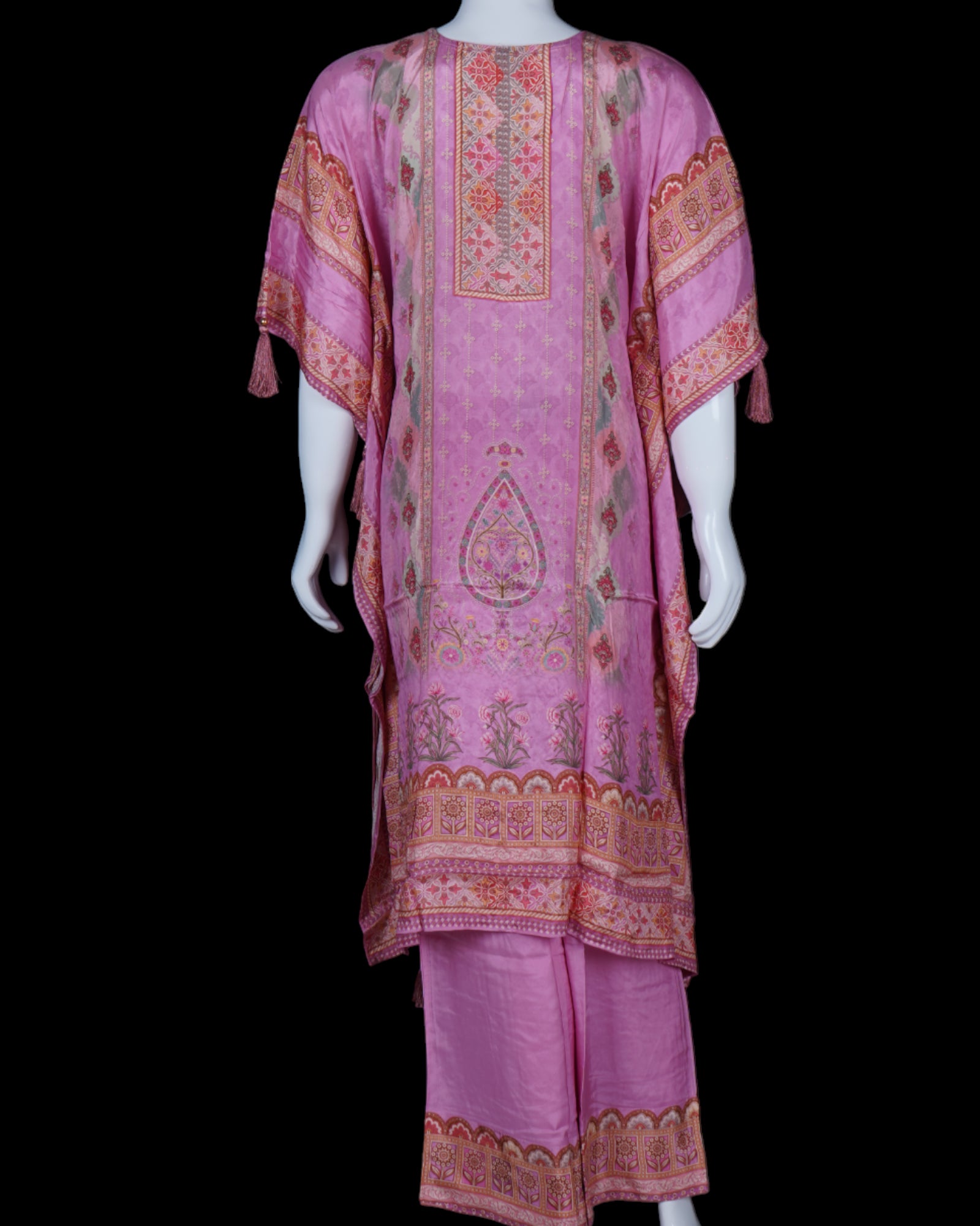 Embroidered Silk Kaftan With Floral Palazzo Set