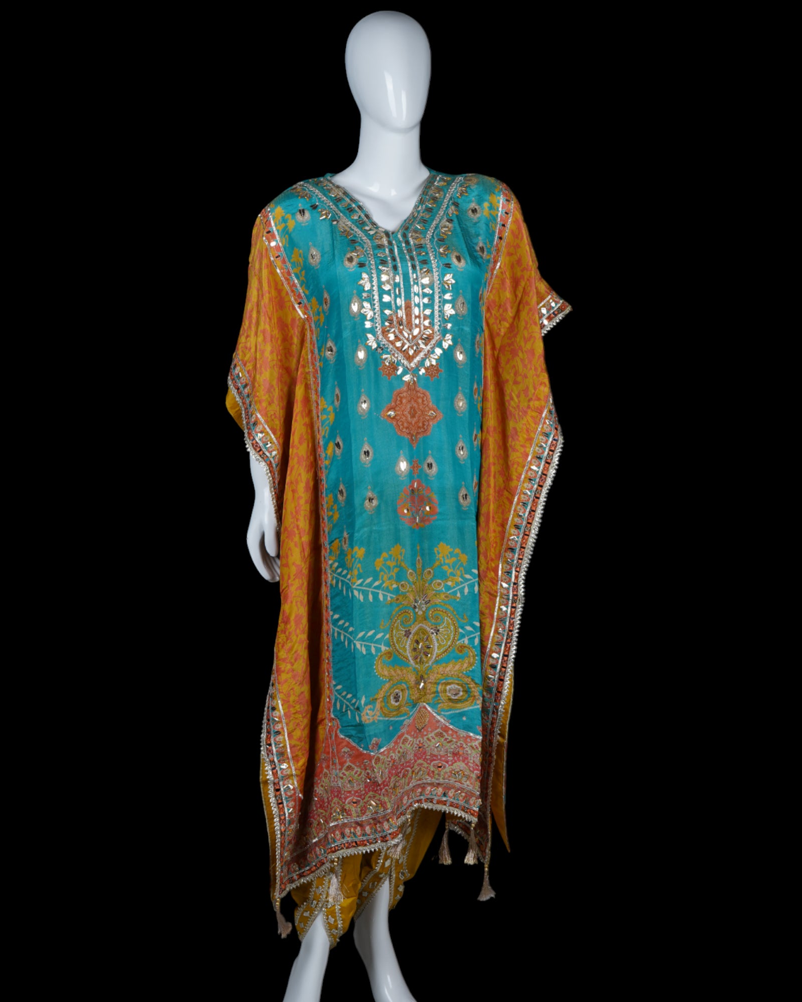 Floral Print Kaftan with Gota Patti Work