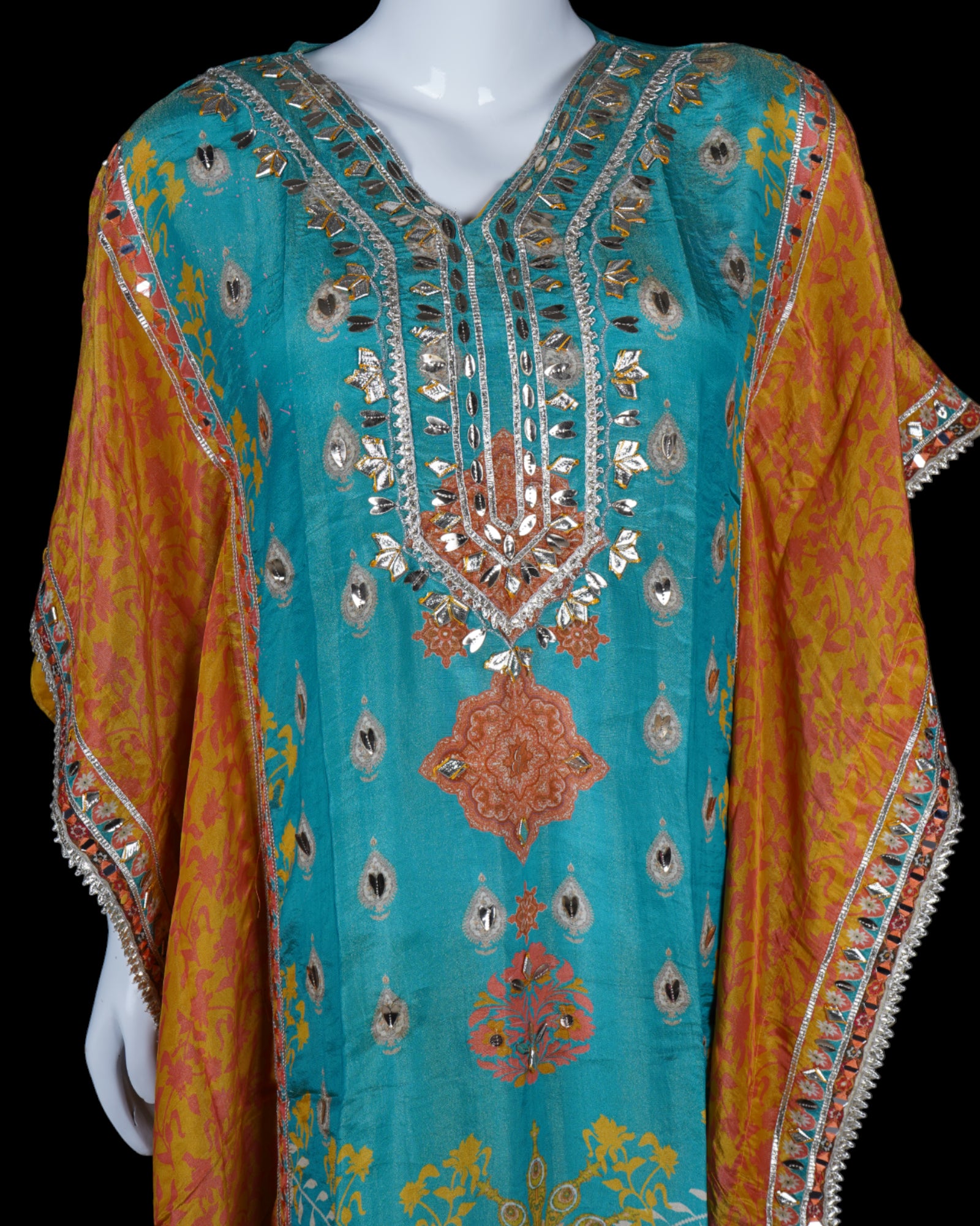 Floral Print Kaftan with Gota Patti Work