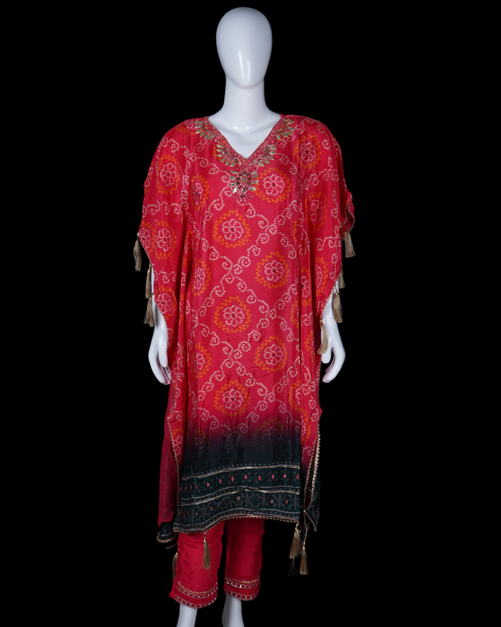 Bandhani Silk Kaftan with Mirror Embellishments
