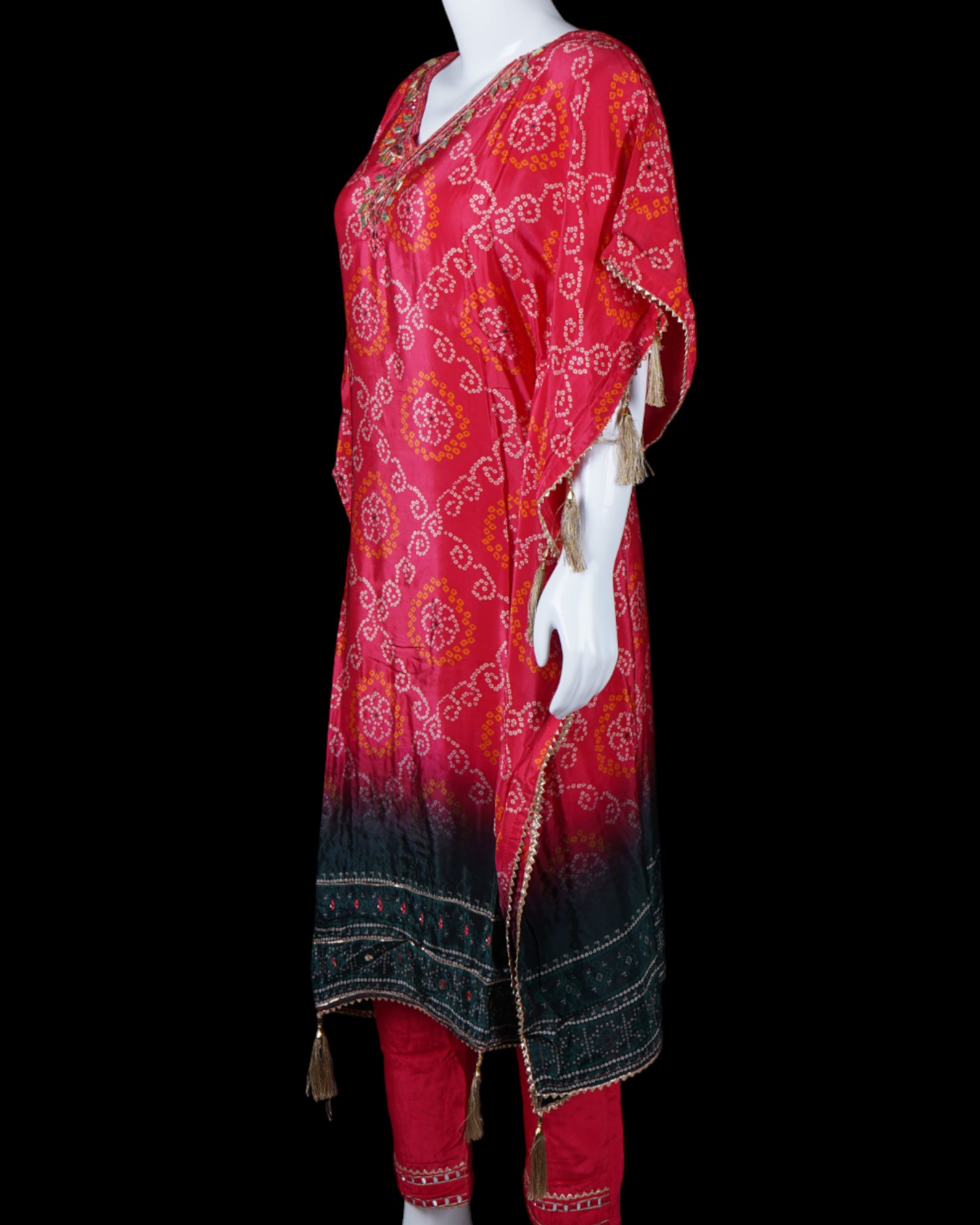 Bandhani Silk Kaftan with Mirror Embellishments