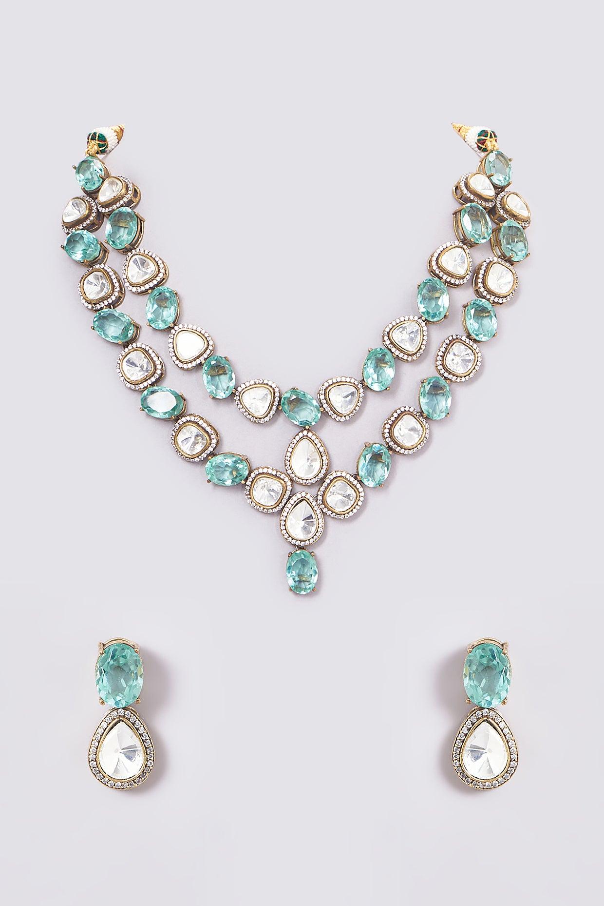 Double Layered Polki Green Stone Necklace Set - Dyulokha