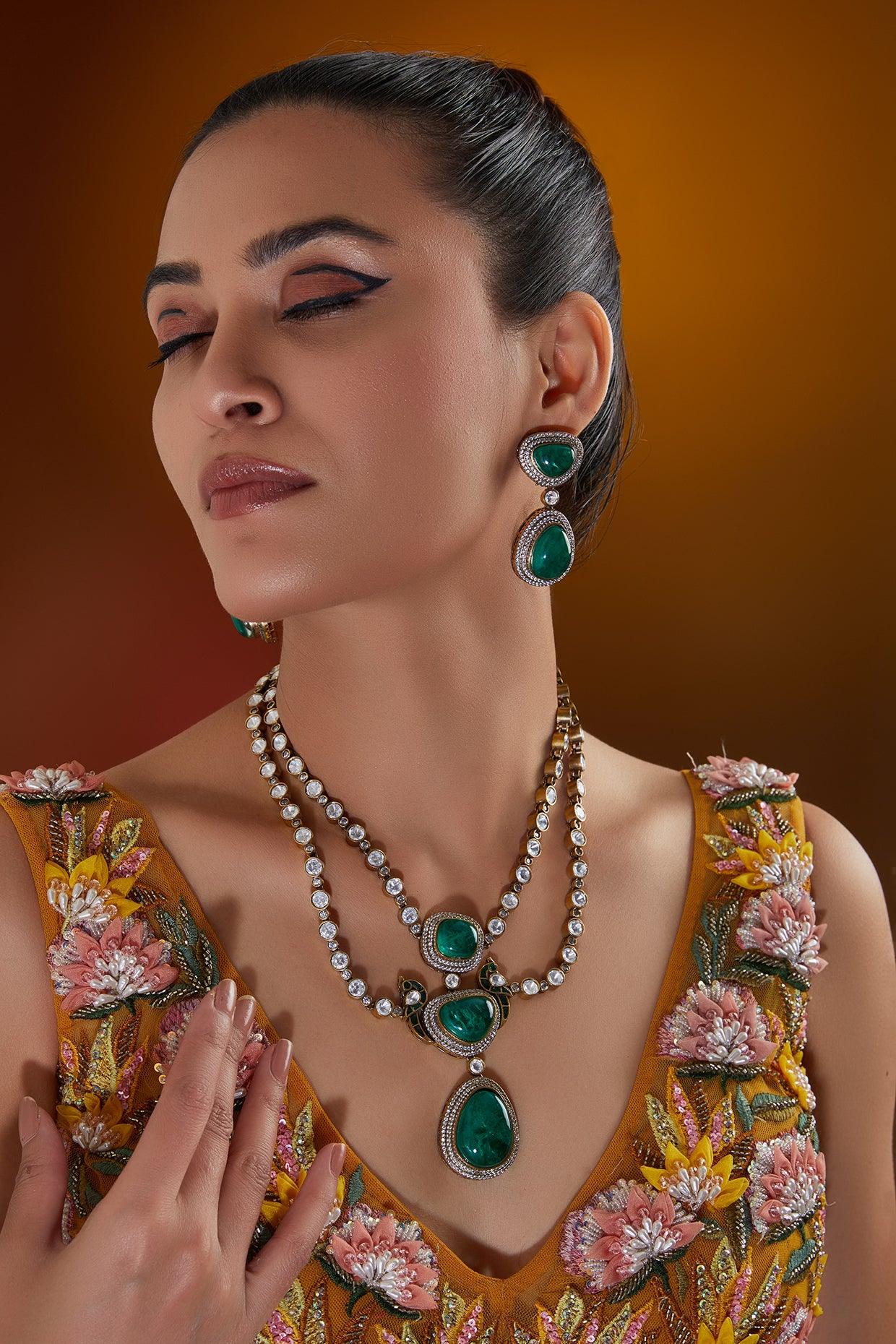 Polki Green Stone Double Layered Necklace Set - Dyulokha