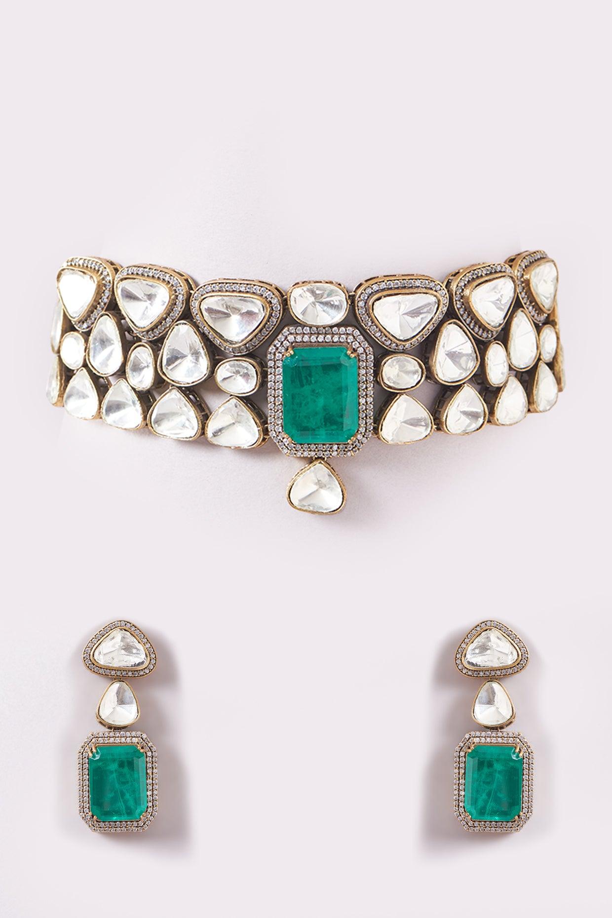 Emerald Accent Polki Choker Set - Dyulokha