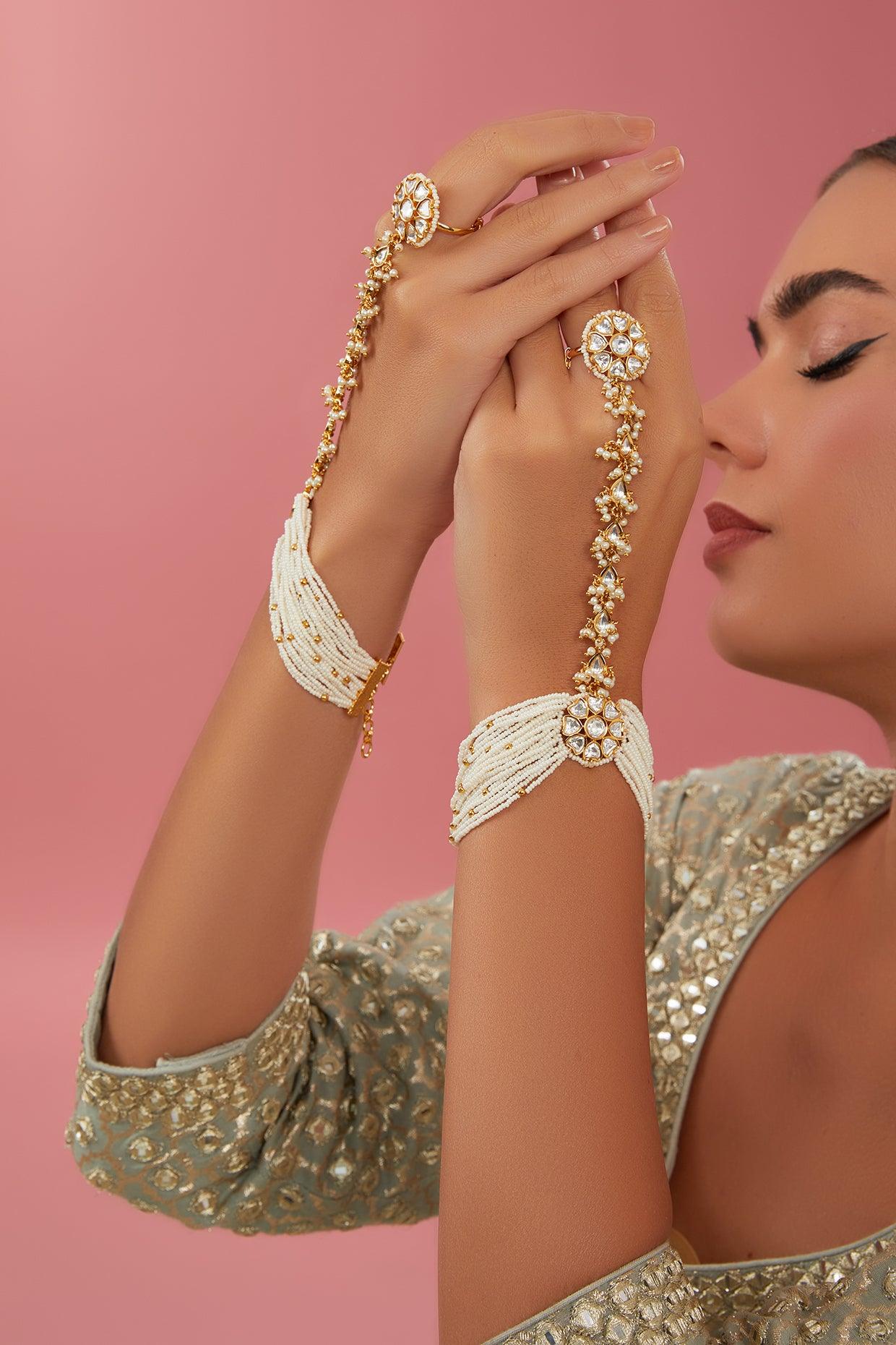 Pearl Adorned Kundan Hathphool - Dyulokha