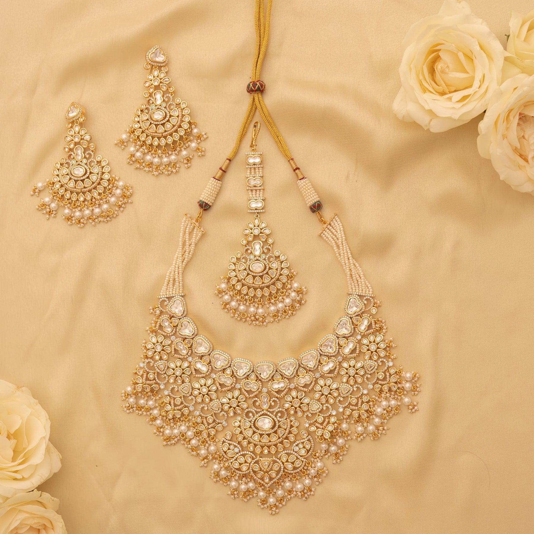 Pearl Cascade Elegance Polki Bridal Set - Dyulokha