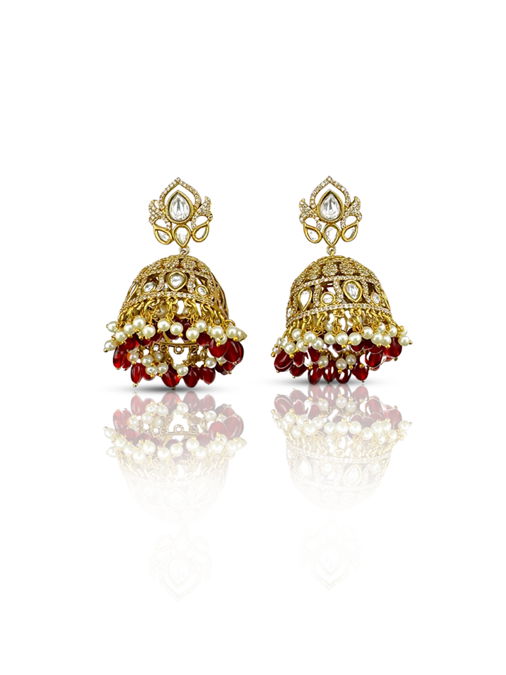 Red Beaded Jhumkas with CZ Accents