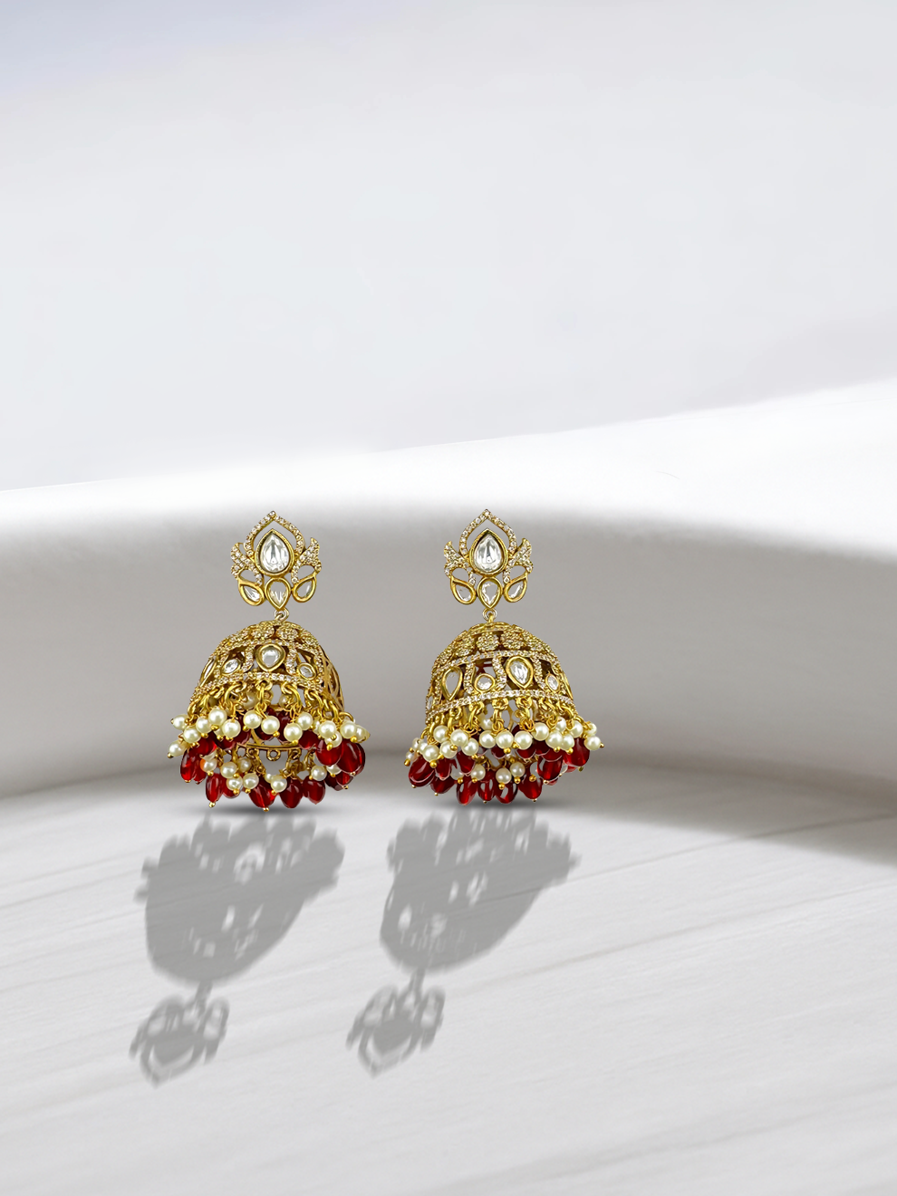 Red Beaded Jhumkas with CZ Accents