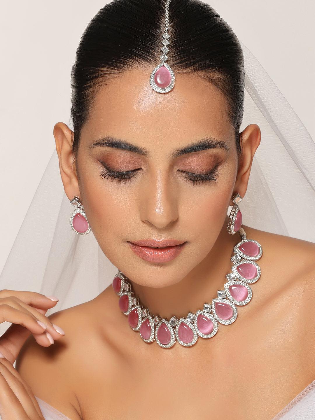 Rose Radiance Zirconia Necklace Set with Maang Tikka - Dyulokha