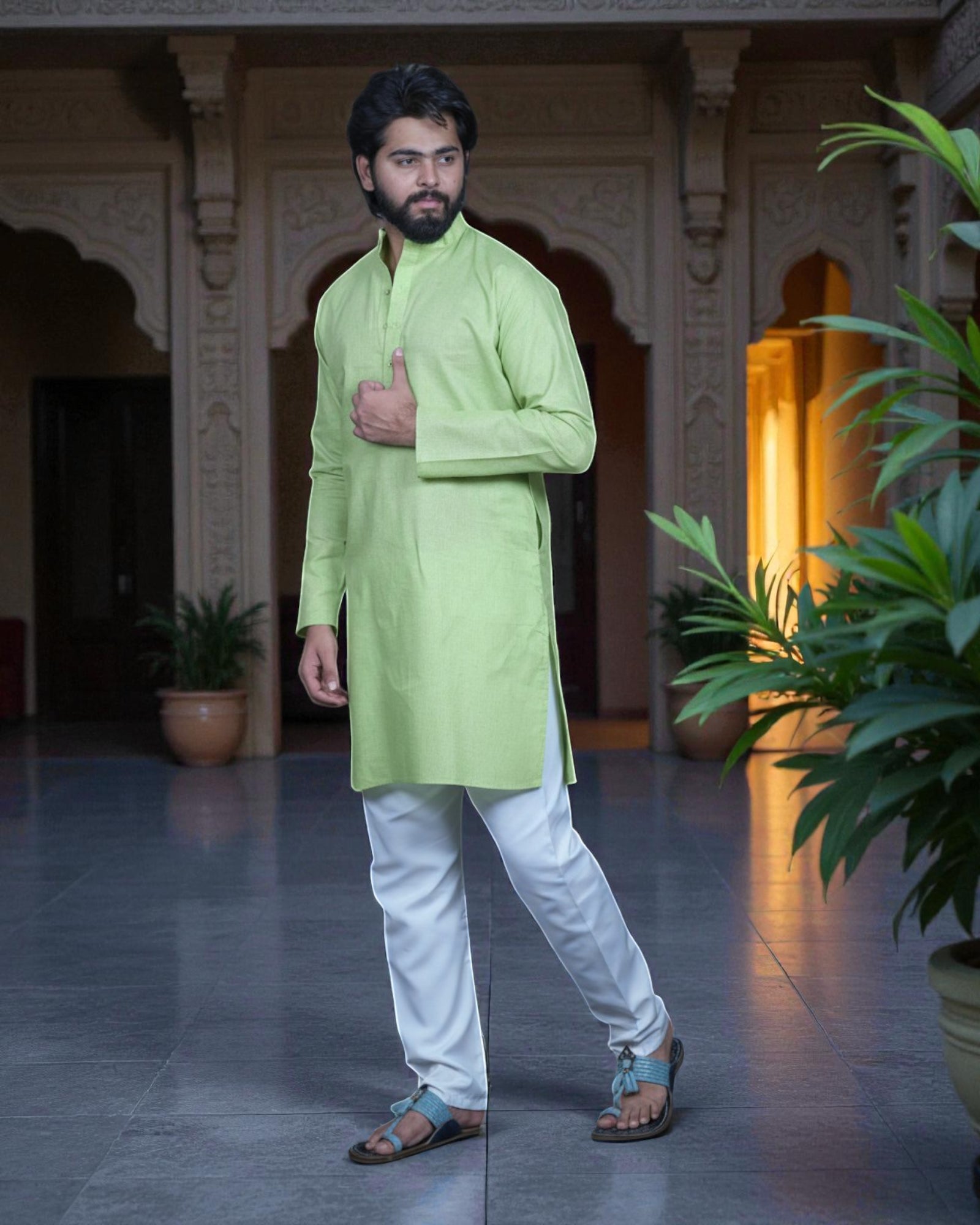 Blue Cotton Plain Kurta Pajama Set